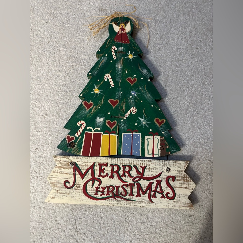 Merry Christmas Vintage 1999 Wood Hanging Sign Christmas Tree and Presents
